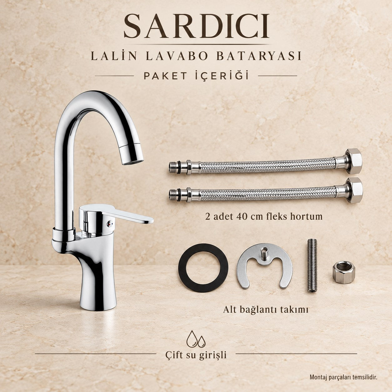 Sardıcı Lalin Lavabo Bataryası Krom Pirinç Gövde Çift Su Girişli Tam Takım