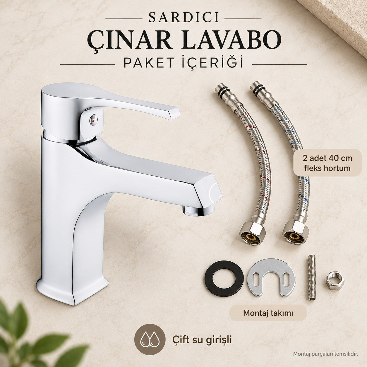 Sardıcı Çınar Krom Lavabo Bataryası Çift Su Girişli 40 cm Hortum ve Montaj Takımı Dahil