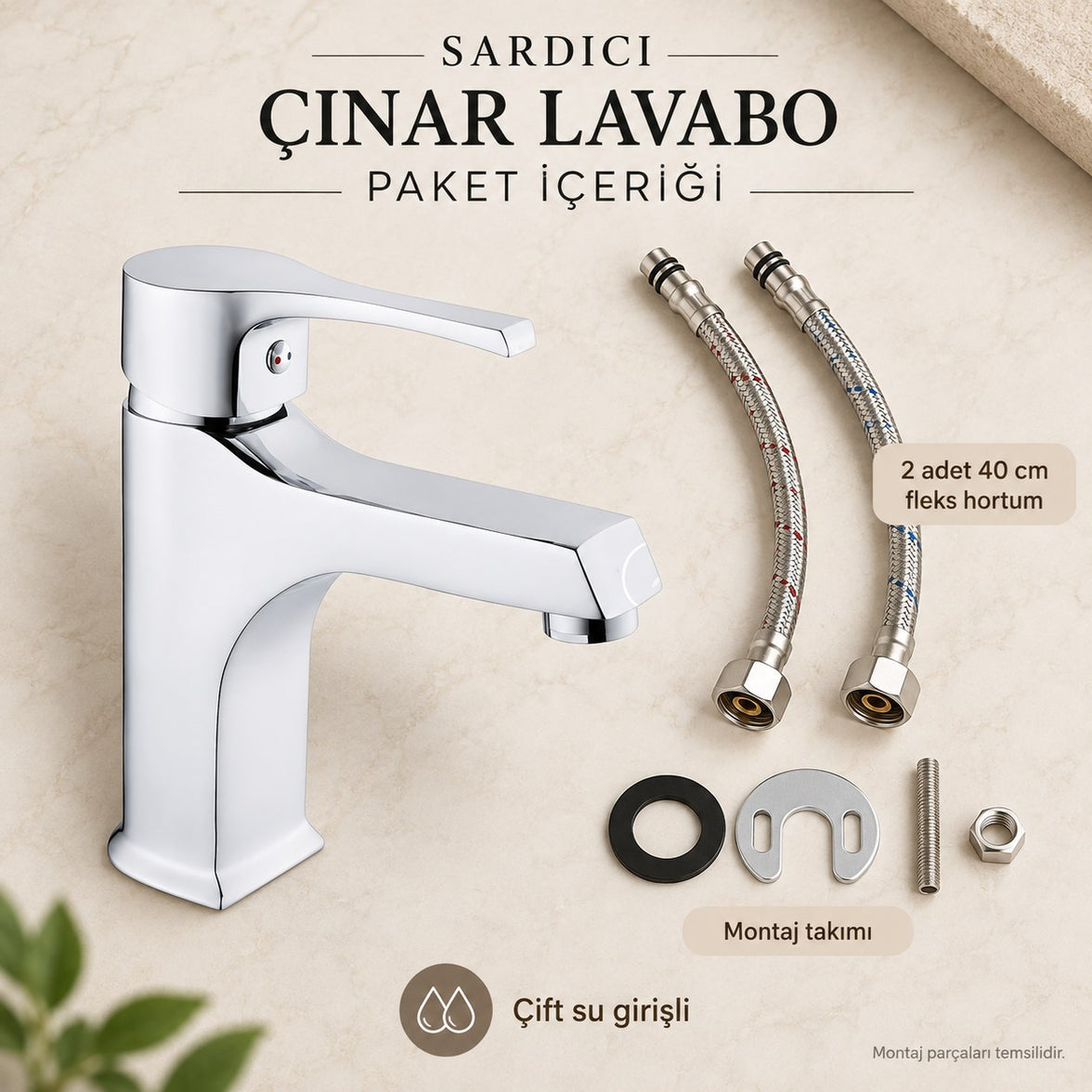 Sardıcı Çınar Krom Lavabo Bataryası Çift Su Girişli 40 cm Hortum ve Montaj Takımı Dahil