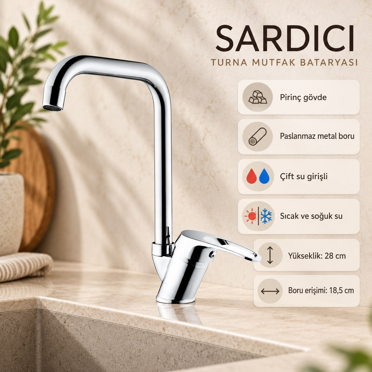 Sardıcı Turna Mutfak Evye Bataryası Krom Pirinç Gövde Çift Su Girişli Tam Takım
