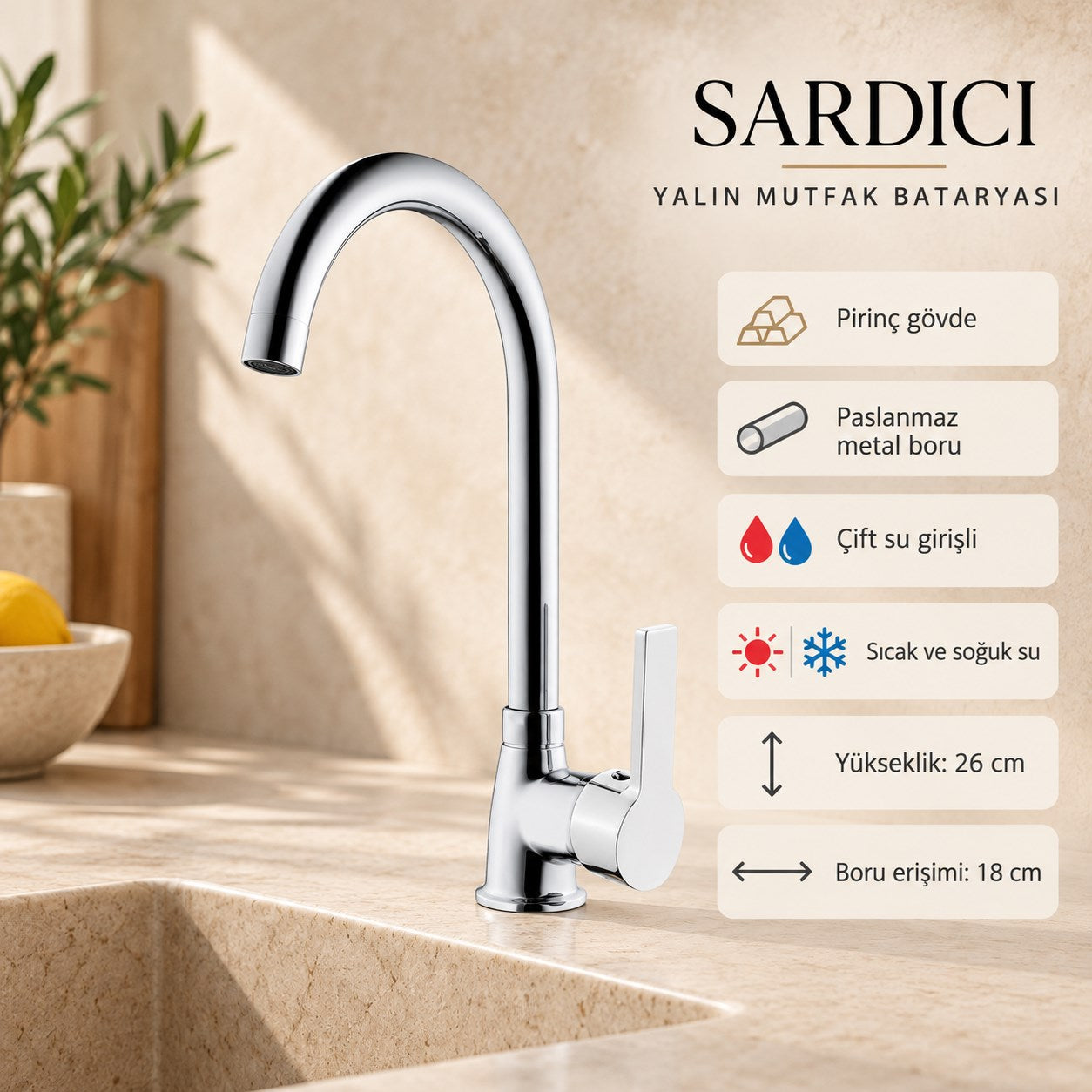 Sardıcı Yalın Mutfak Evye Bataryası Krom Pirinç Gövde Çift Su Girişli Tam Takım