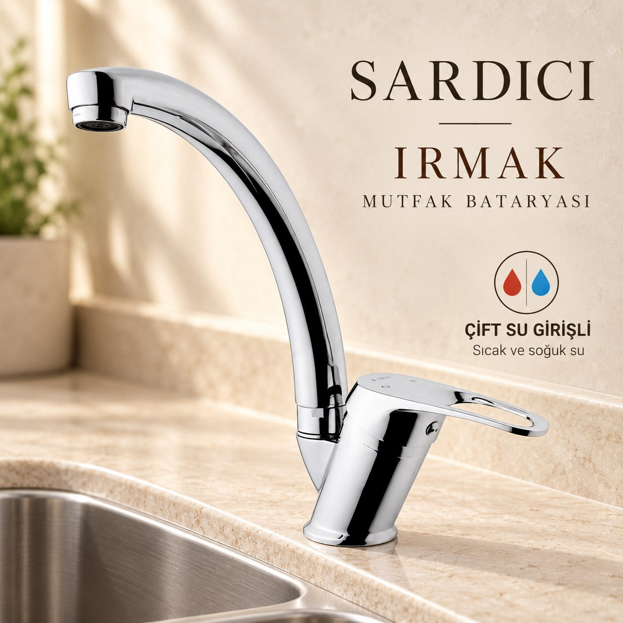 Sardıcı Irmak Krom Uzun Borulu Mutfak Evye Bataryası Çift Su Girişli Tam Takım