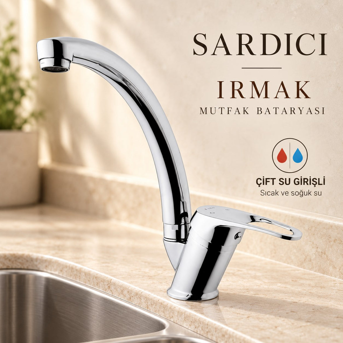 Sardıcı Irmak Krom Uzun Borulu Mutfak Evye Bataryası Çift Su Girişli Tam Takım