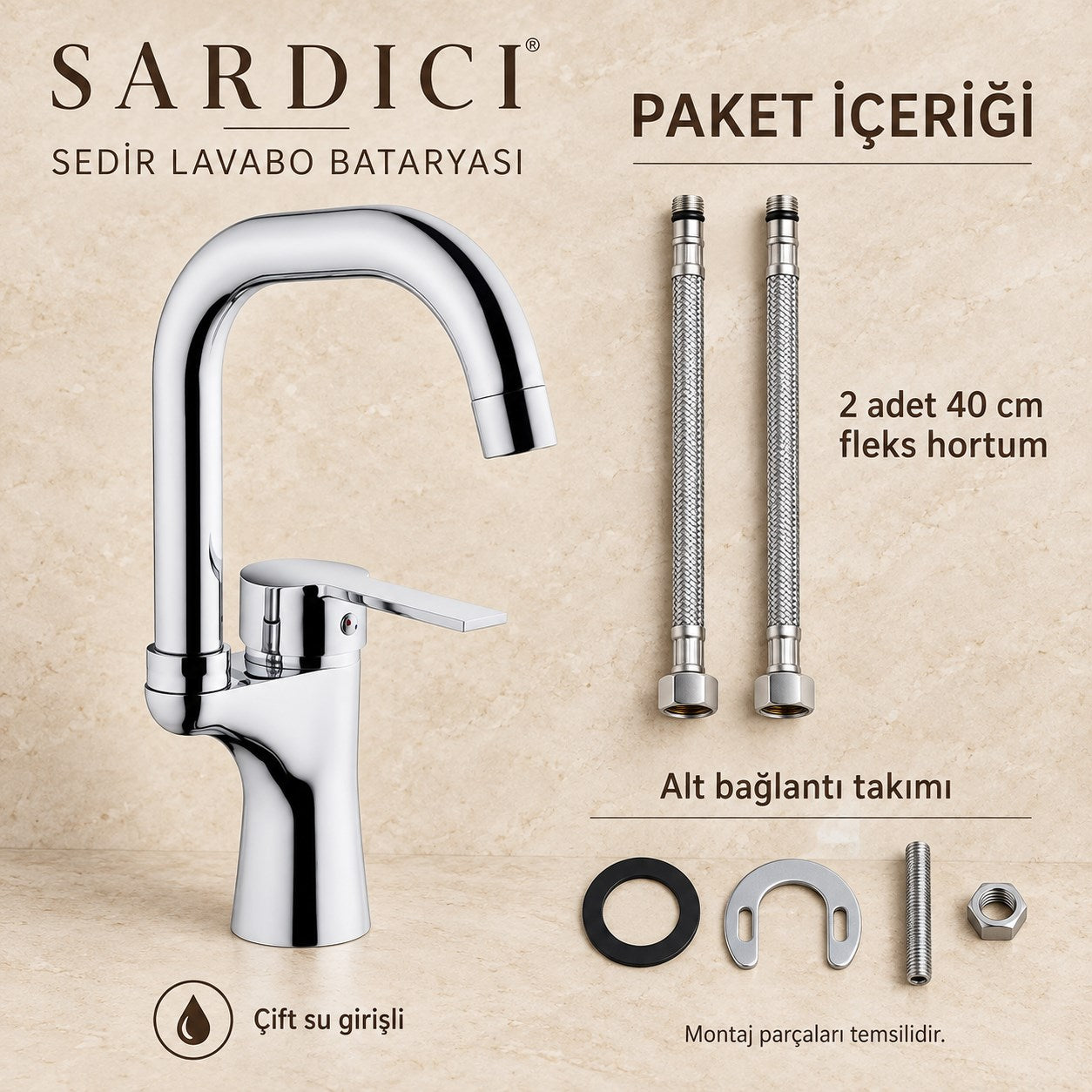 Sardıcı Sedir Lavabo Bataryası Krom Pirinç Gövde Çift Su Girişli Tam Takım
