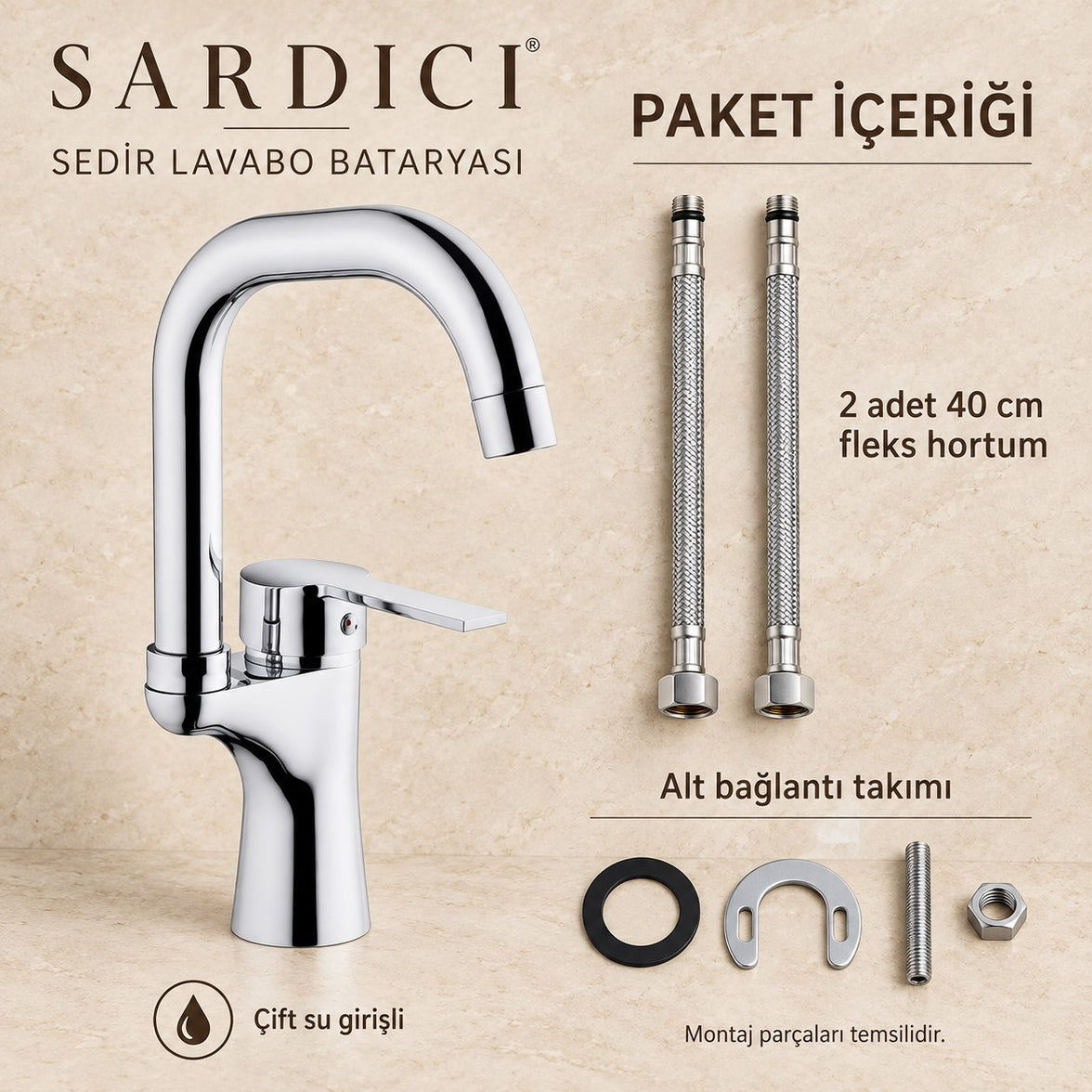 Sardıcı Sedir Lavabo Bataryası Krom Pirinç Gövde Çift Su Girişli Tam Takım