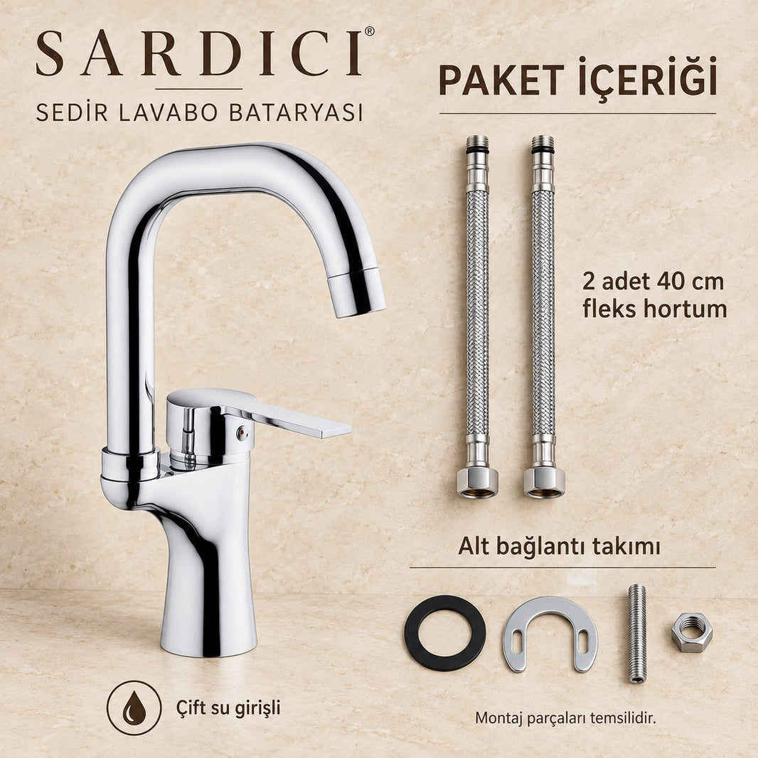 Sardıcı Sedir Lavabo Bataryası Krom Pirinç Gövde Çift Su Girişli Tam Takım – 2. görsel
