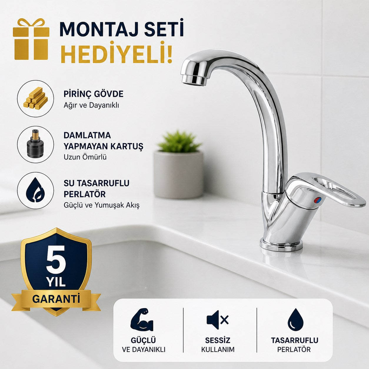 Defne Lavabo Bataryası 5 Yıl Garantili Pirinç Gövde Çift Su Girişli Musluk