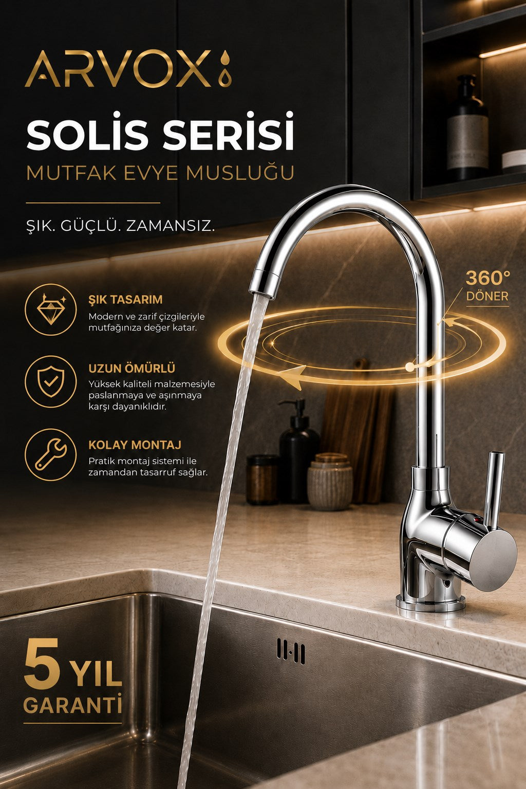 ARVOX Solis Evye Bataryası Krom Mutfak Musluğu Pirinç Gövde 304 Paslanmaz Çelik 5 Yıl Garantili