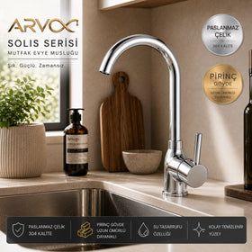 ARVOX Solis Evye Bataryası Krom Mutfak Musluğu Pirinç Gövde 304 Paslanmaz Çelik 5 Yıl Garantili
