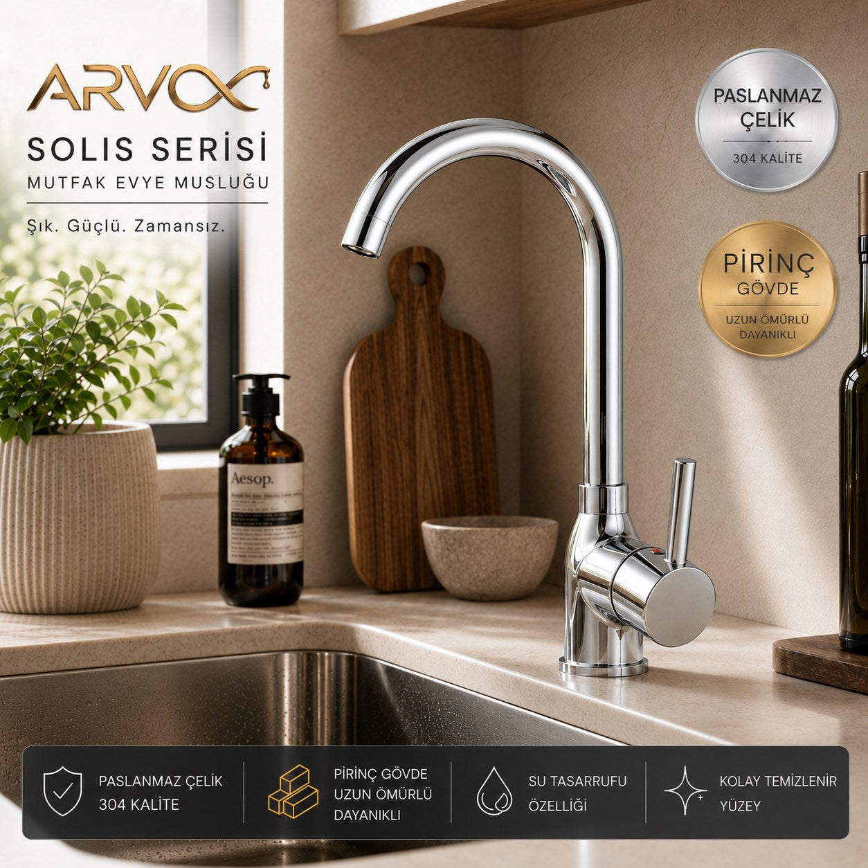 ARVOX Solis Evye Bataryası Krom Mutfak Musluğu Pirinç Gövde 304 Paslanmaz Çelik 5 Yıl Garantili