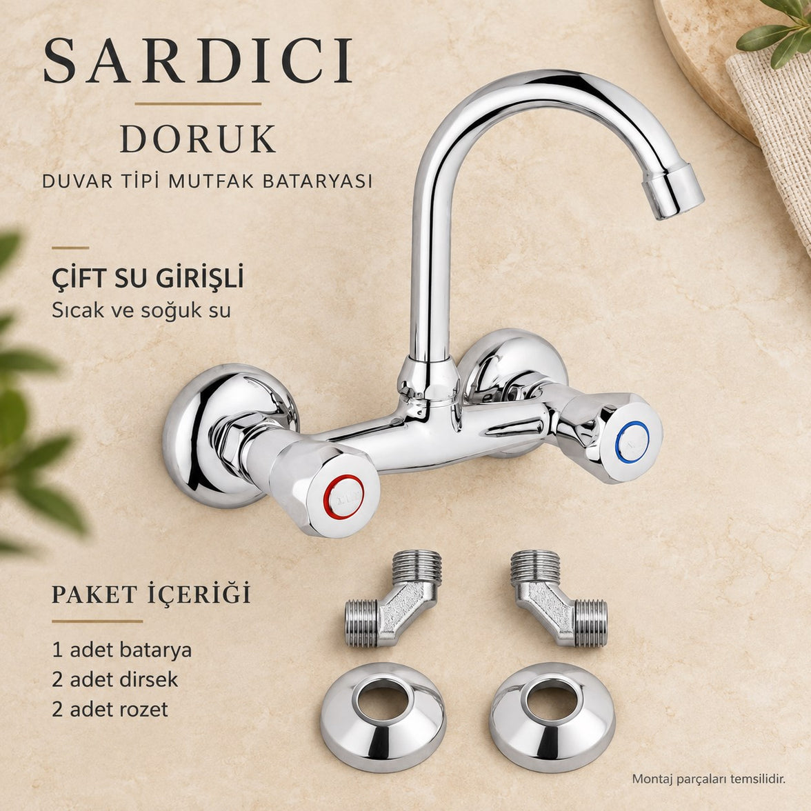 Sardıcı Doruk Krom Duvar Tipi Dik Borulu Mutfak Evye Bataryası Çift Su Girişli Dirsek Rozet Takımı Dahil
