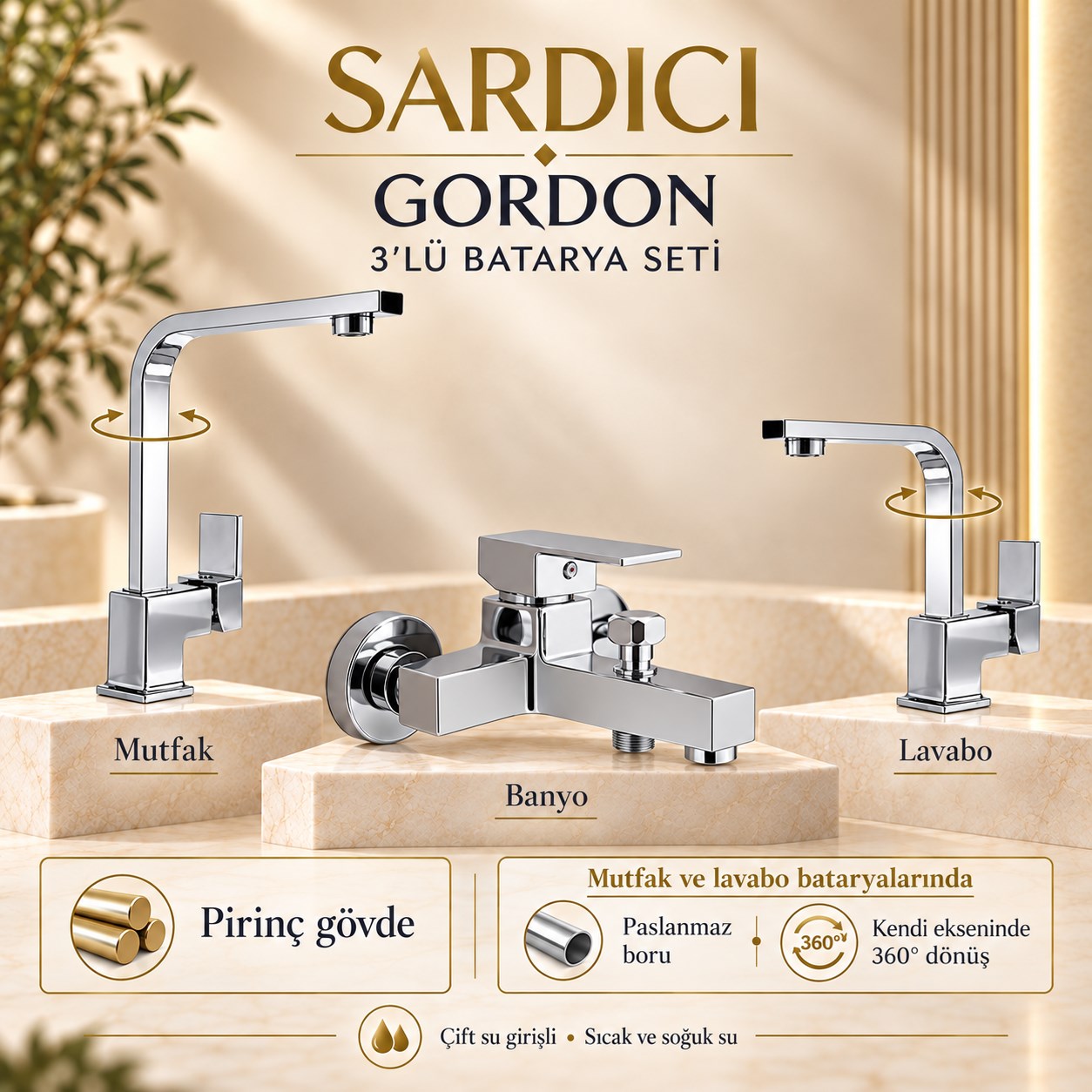 Sardıcı Gordon 3’lü Mutfak Lavabo Banyo Batarya Seti Pirinç Gövde Çift Su Girişli