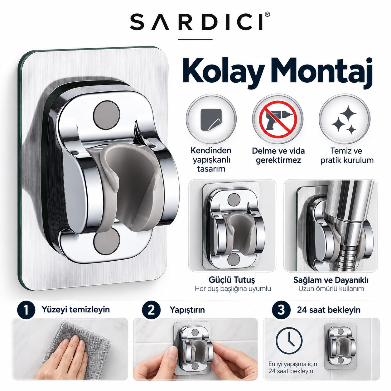 Sardıcı Krom Kendinden Yapışkanlı Duş Başlığı Askısı Ayarlanabilir Mafsallı