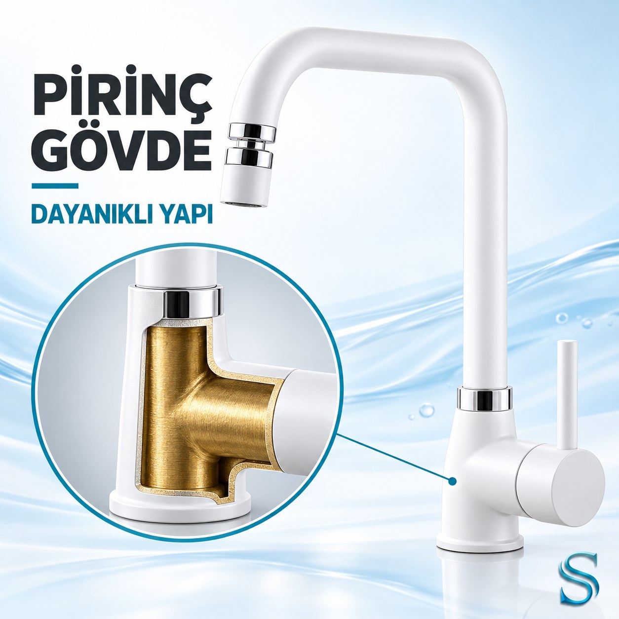 Sardıcı Beyaz Mutfak Evye Bataryası Pirinç Gövde Çift Su Girişli