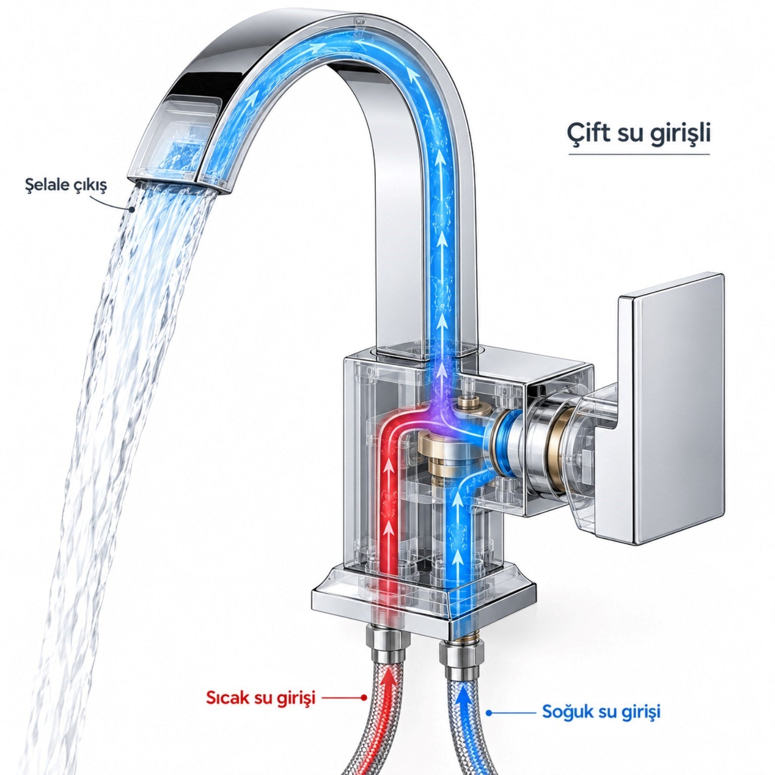 Sardıcı Şelale Lavabo Bataryası Krom Çift Su Girişli 5 Yıl Garantili