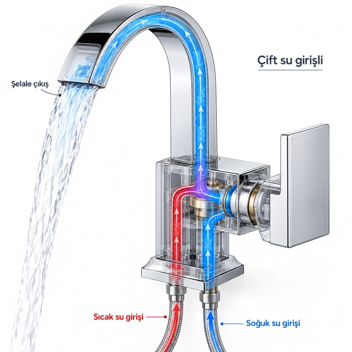 Sardıcı Şelale Lavabo Bataryası Krom Çift Su Girişli 5 Yıl Garantili