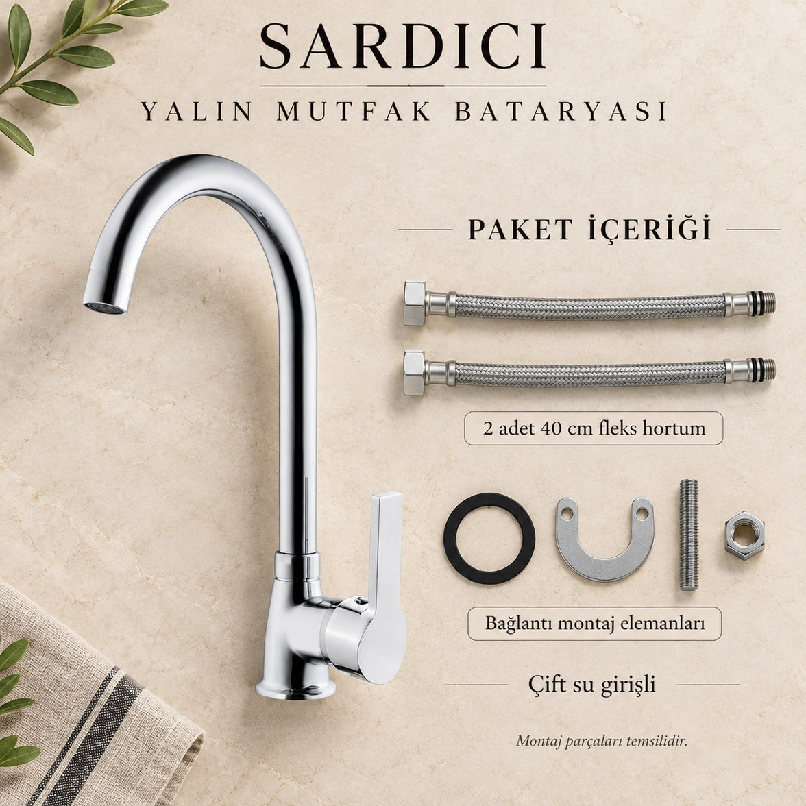 Sardıcı Yalın Mutfak Evye Bataryası Krom Pirinç Gövde Çift Su Girişli Tam Takım