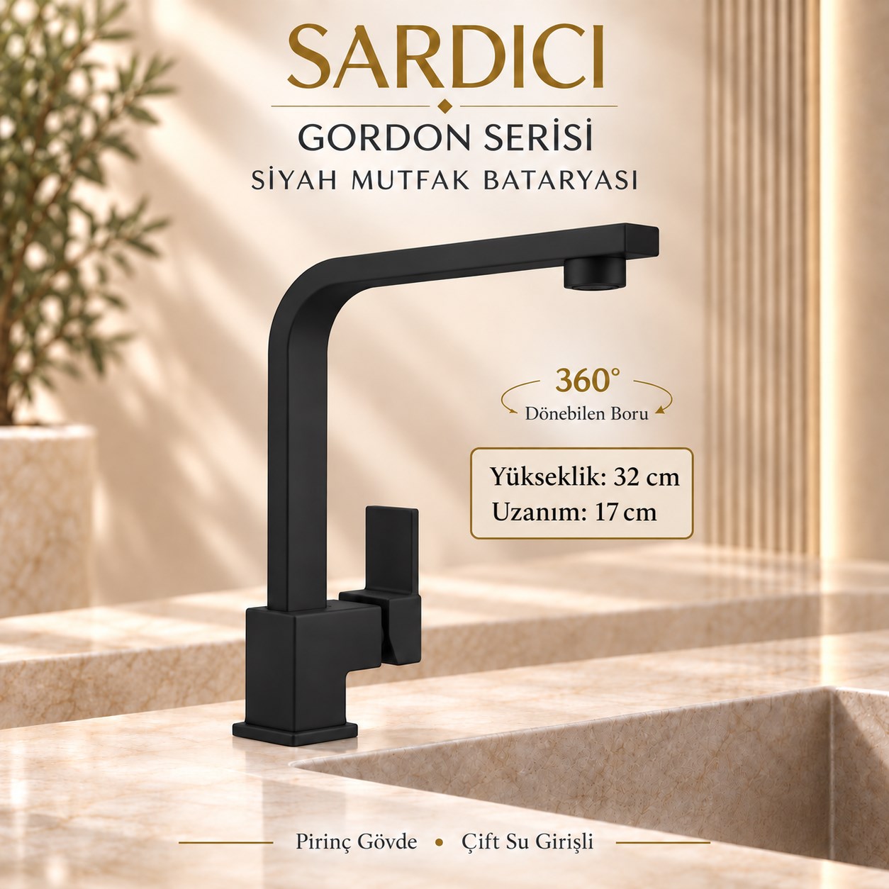 Sardıcı Gordon Mat Siyah 3’lü Mutfak Lavabo Banyo Batarya Seti Dirsek Takımı Dahil