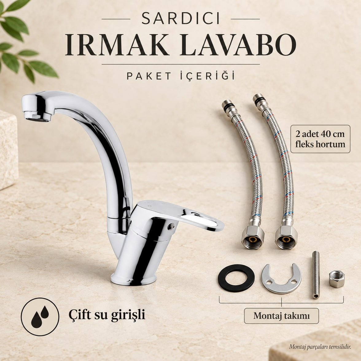 Sardıcı Irmak Krom Kısa Kuğu Lavabo Bataryası Çift Su Girişli 40 cm Hortum ve Montaj Takımı Dahil