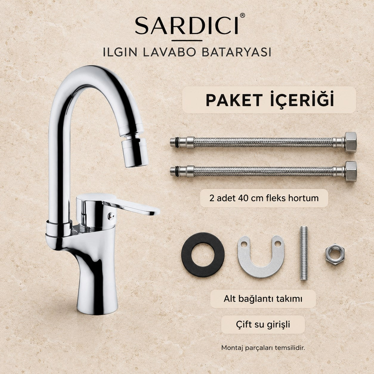 Sardıcı Ilgın Oynar Başlıklı Lavabo Bataryası Krom Pirinç Gövde Çift Su Girişli