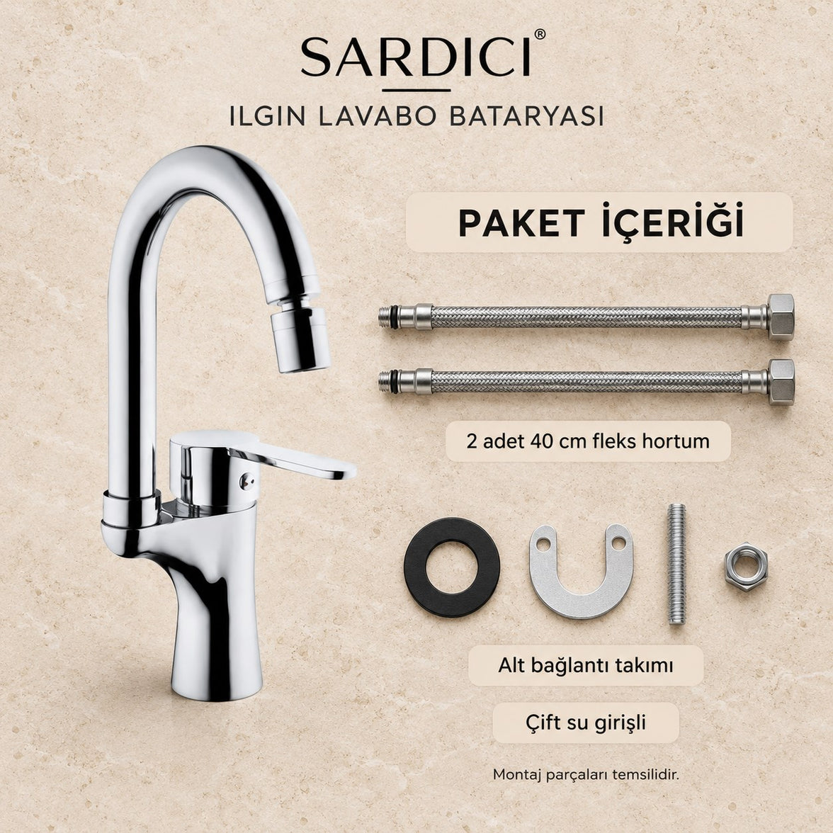 Sardıcı Ilgın Oynar Başlıklı Lavabo Bataryası Krom Pirinç Gövde Çift Su Girişli