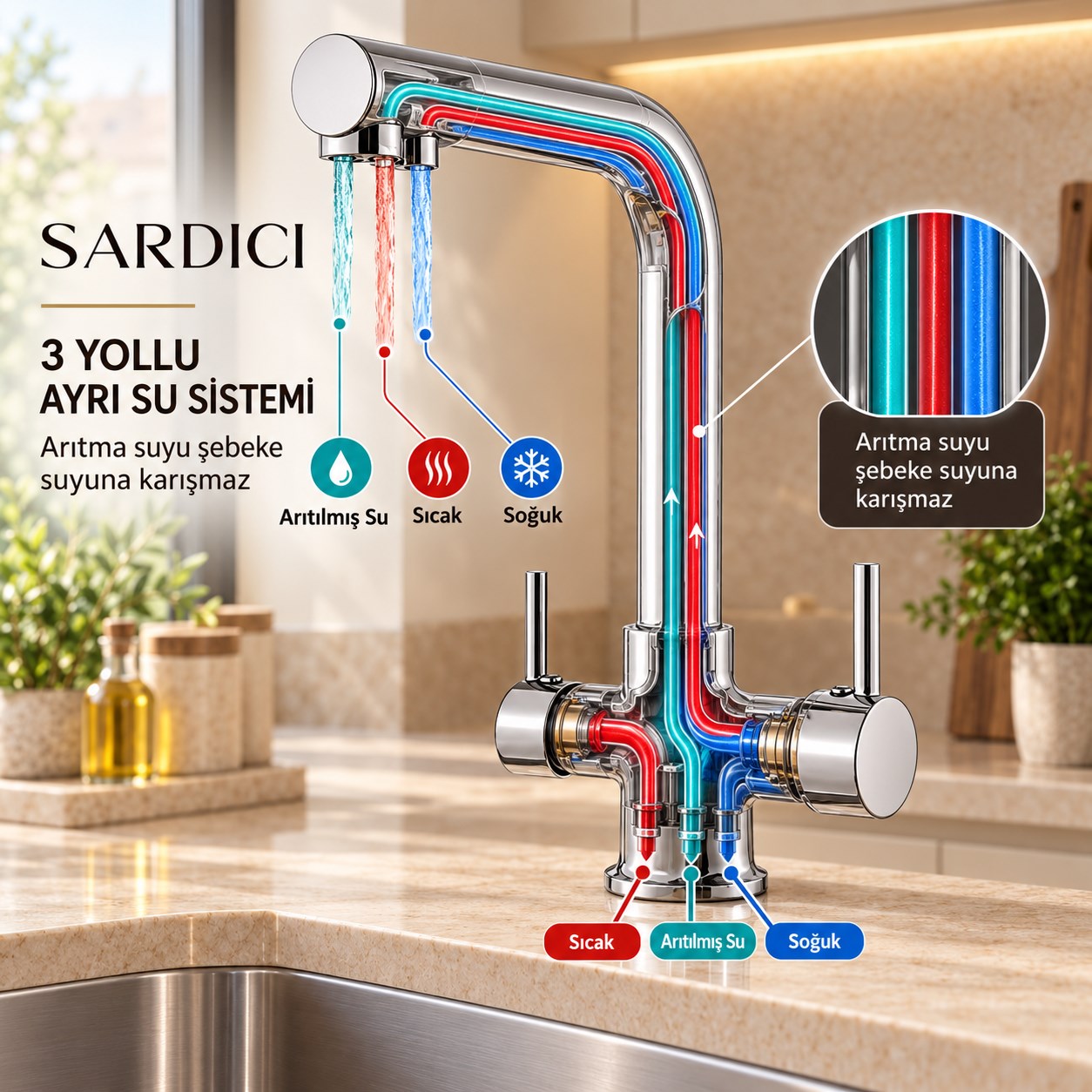 Sardıcı Arıtma Bağlantılı 3 Yollu Çift Kumandalı Mutfak Bataryası