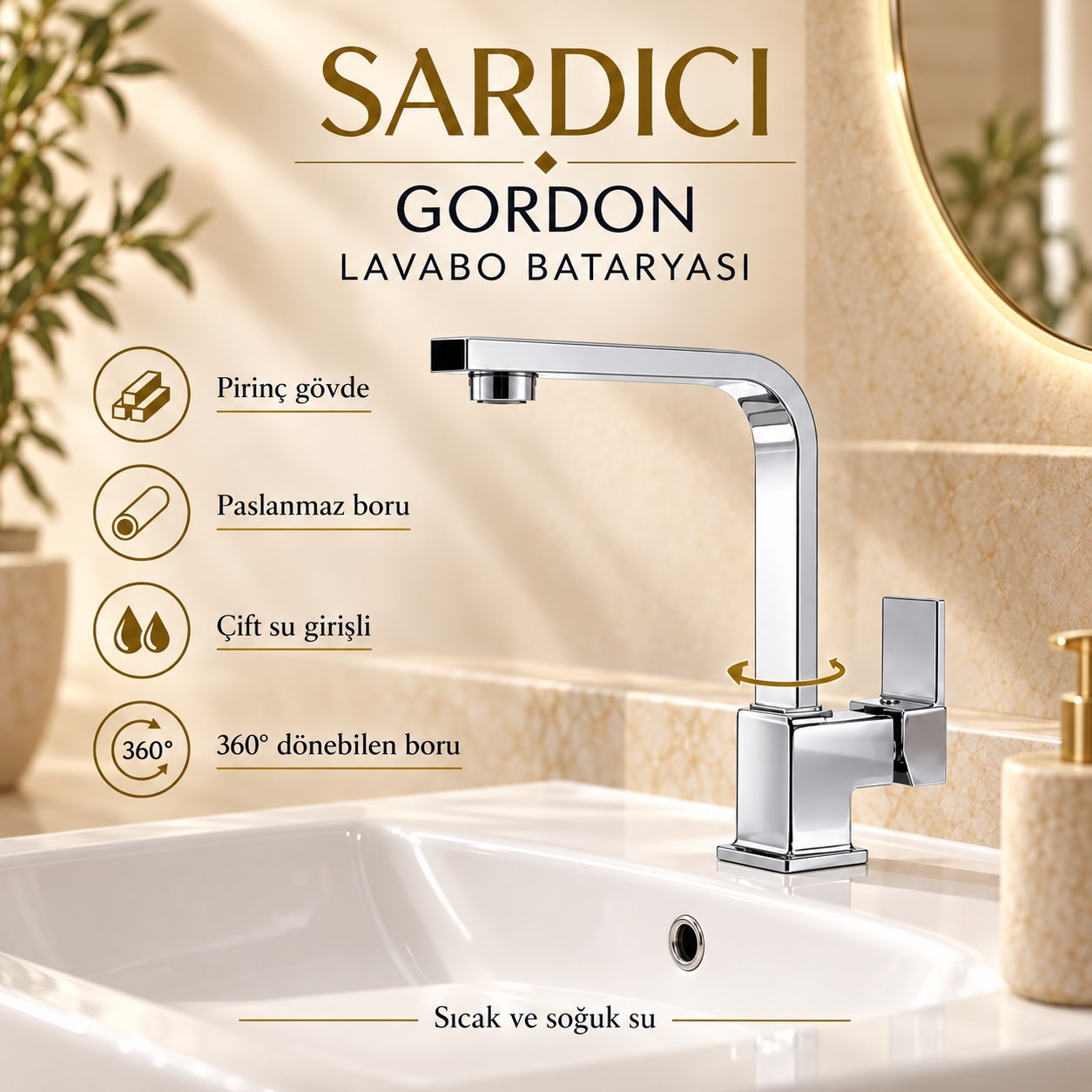 Sardıcı Gordon 3’lü Mutfak Lavabo Banyo Batarya Seti Pirinç Gövde Çift Su Girişli