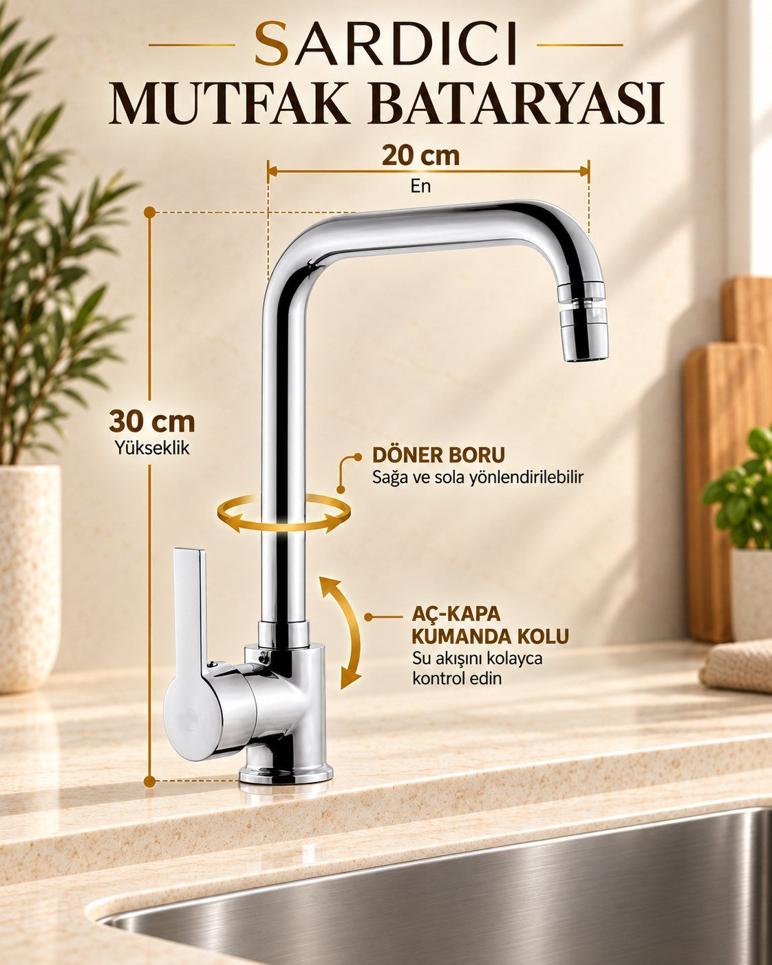 Sardıcı Oynar Başlıklı Mutfak Evye Bataryası Krom Çift Su Girişli Döner Borulu 
