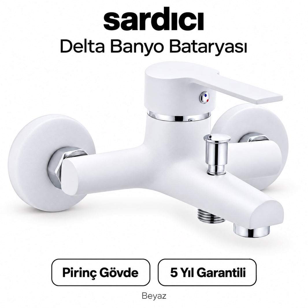 Sardıcı Delta Beyaz Pirinç Banyo Bataryası Dirsek Rozet Dahil 5 Yıl Garantili