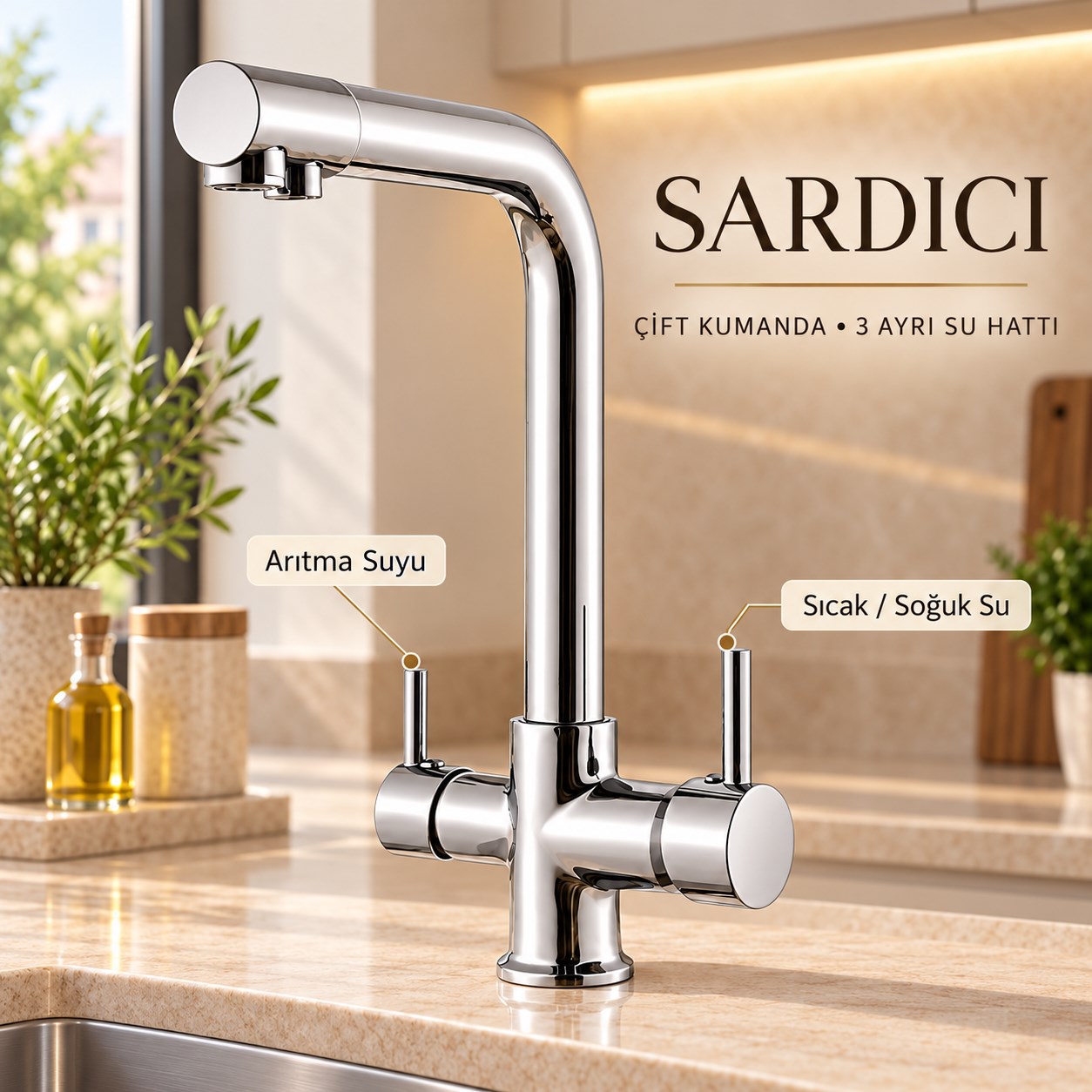 Sardıcı Arıtma Bağlantılı 3 Yollu Çift Kumandalı Mutfak Bataryası