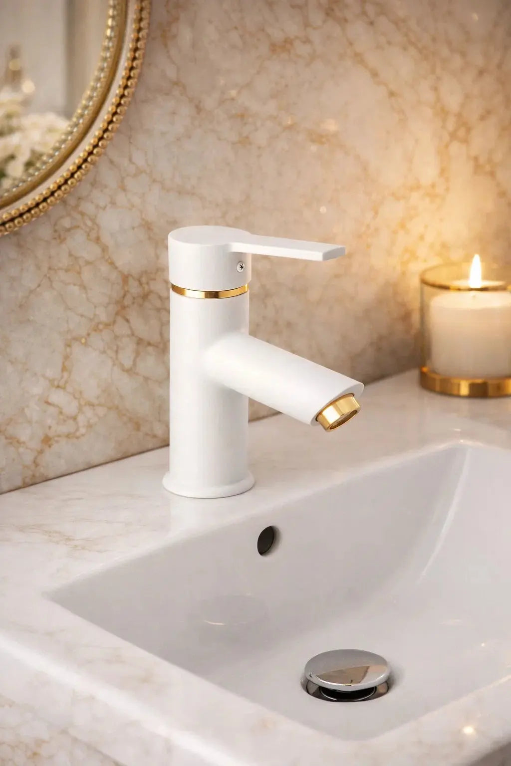 Argus Series Gold Detaylı Beyaz Lavabo Bataryası Sardıcı