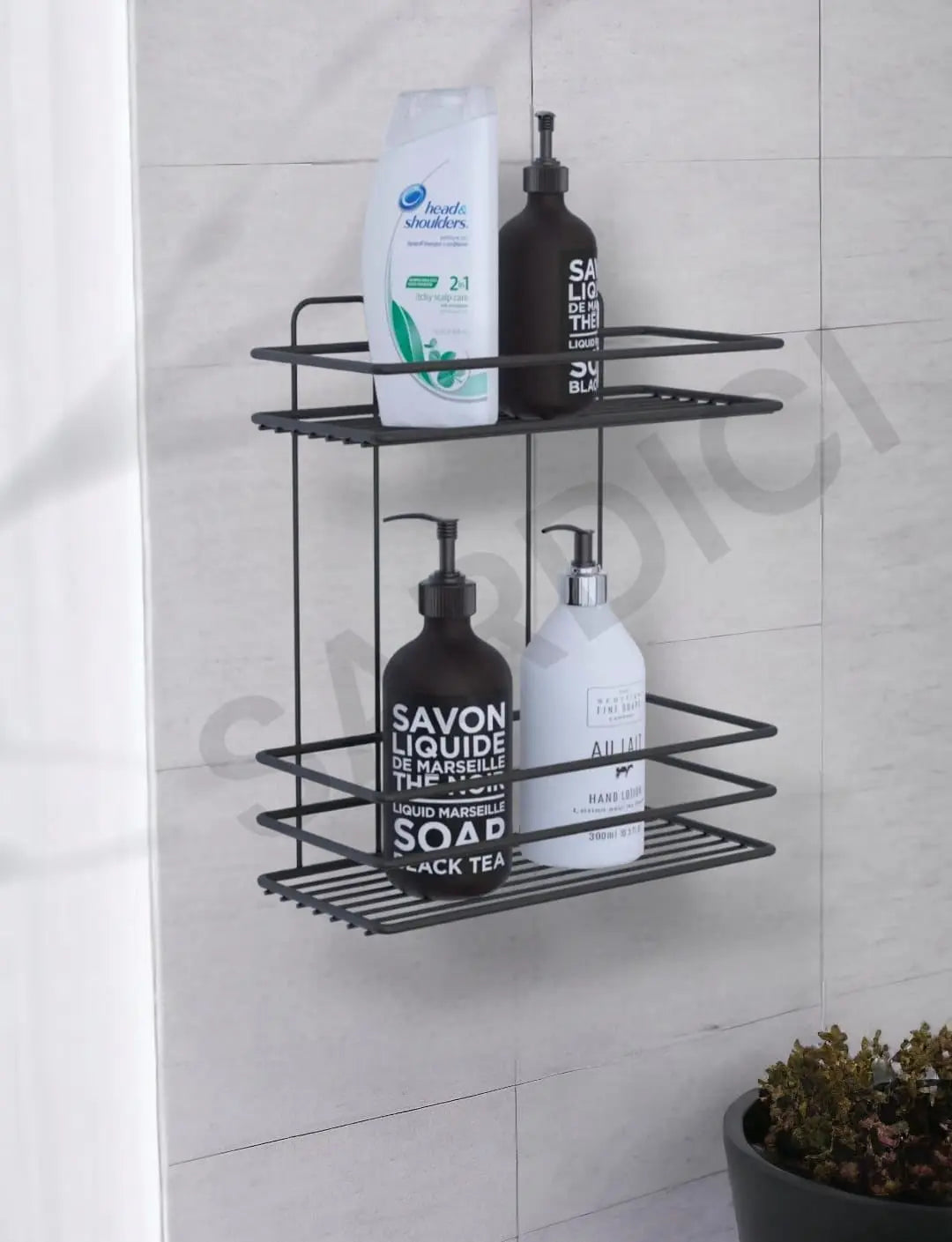 Sardıcı Banyo Düzenleyici Şampuanlık Sabunluk Yapışkanlı 2 Katlı Banyo Rafı Mat Siyah Duş Rafı Organ